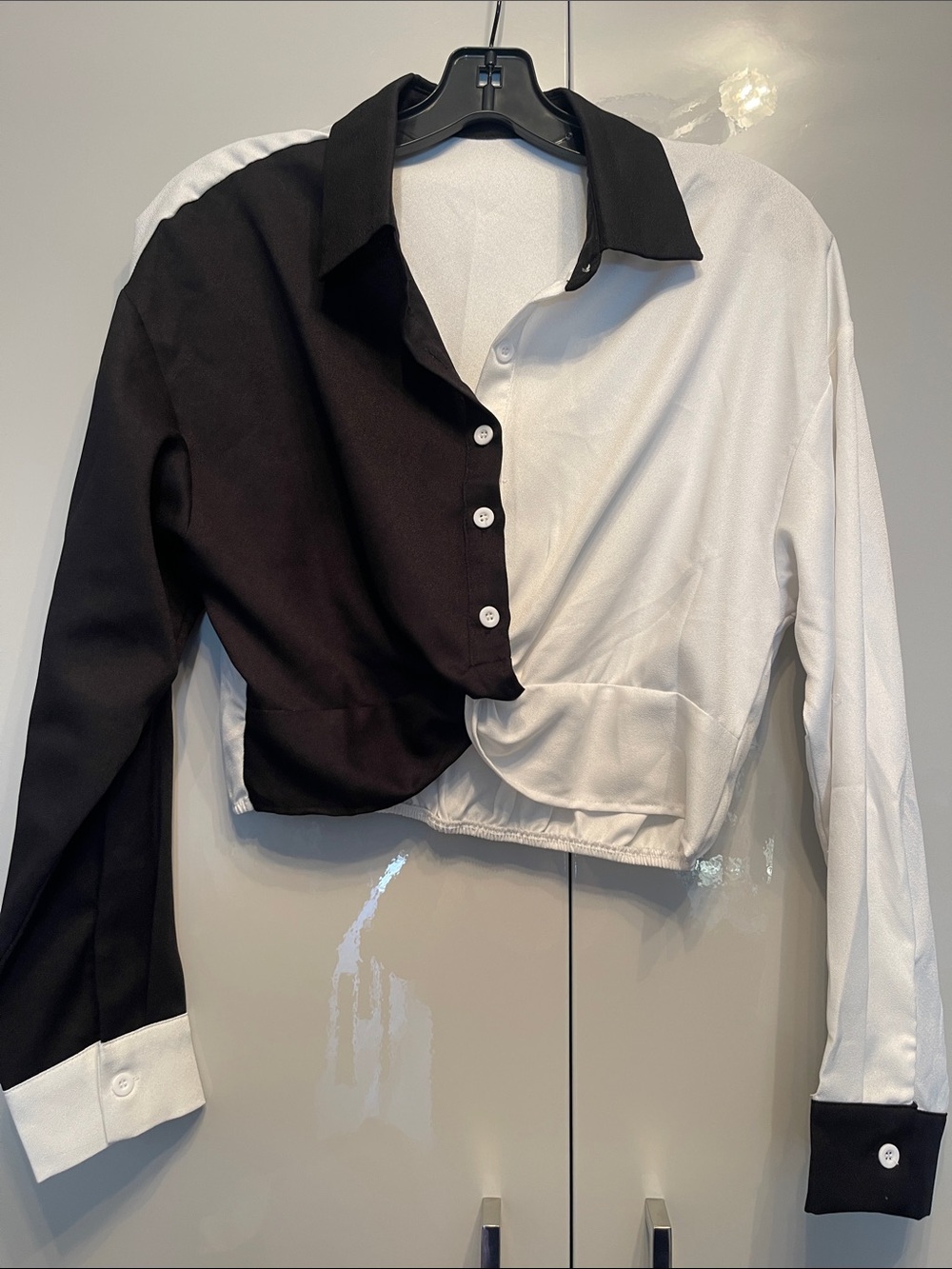 SHEIN Black & White Two-Tone Cropped Button-Down Shirt